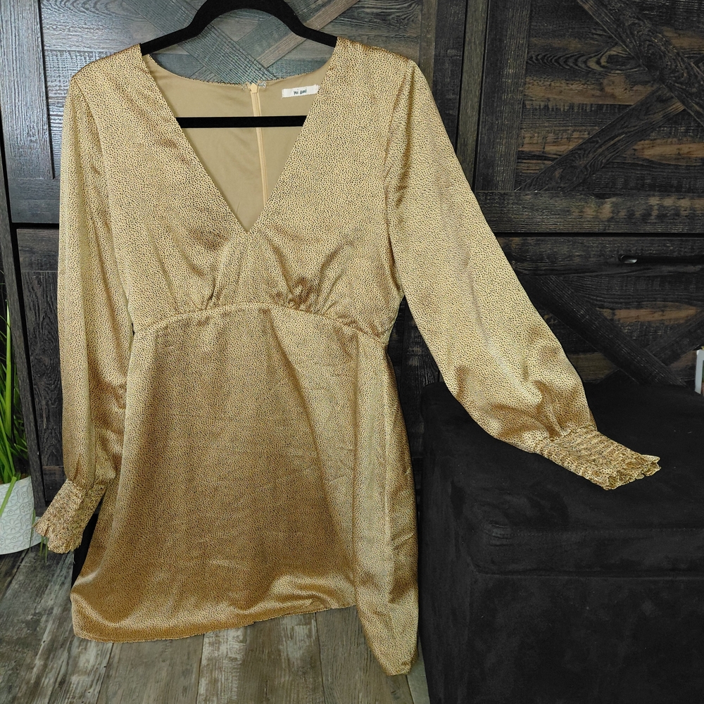 miami Gold V-Neck Midi Dress with Smocked Cuffs Size M